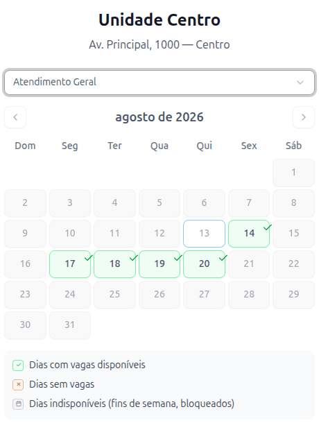 Tela de agendamento no celular: a unidade, o seletor de setor e o calendário do mês com os dias que ainda têm vaga destacados.