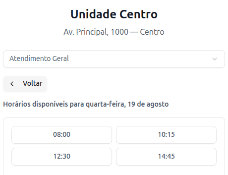 Tela de agendamento no celular mostrando os horários livres de uma quarta-feira: 08:00, 10:15, 12:30 e 14:45.